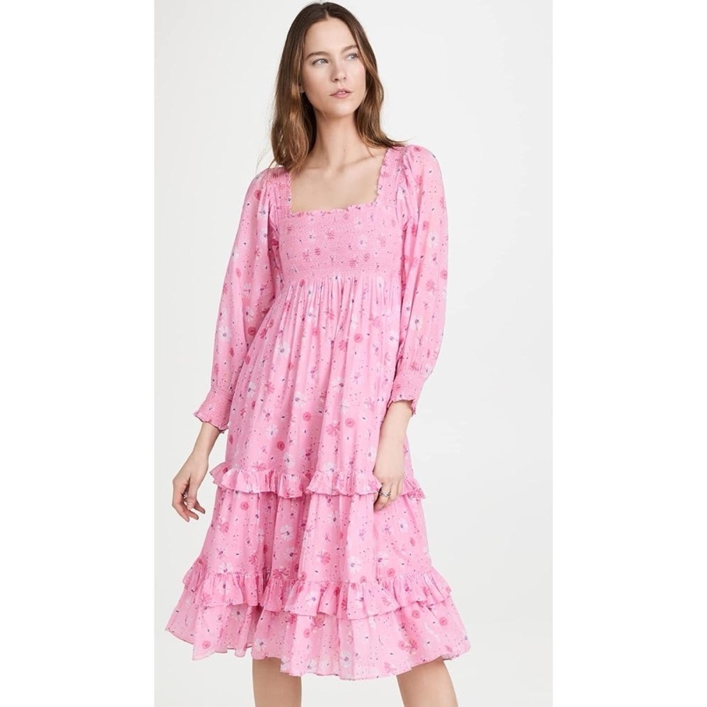 Loveshackfancy Miri Midi Dress in Pink Floral Smocking Flowy Midi Cotton Medium